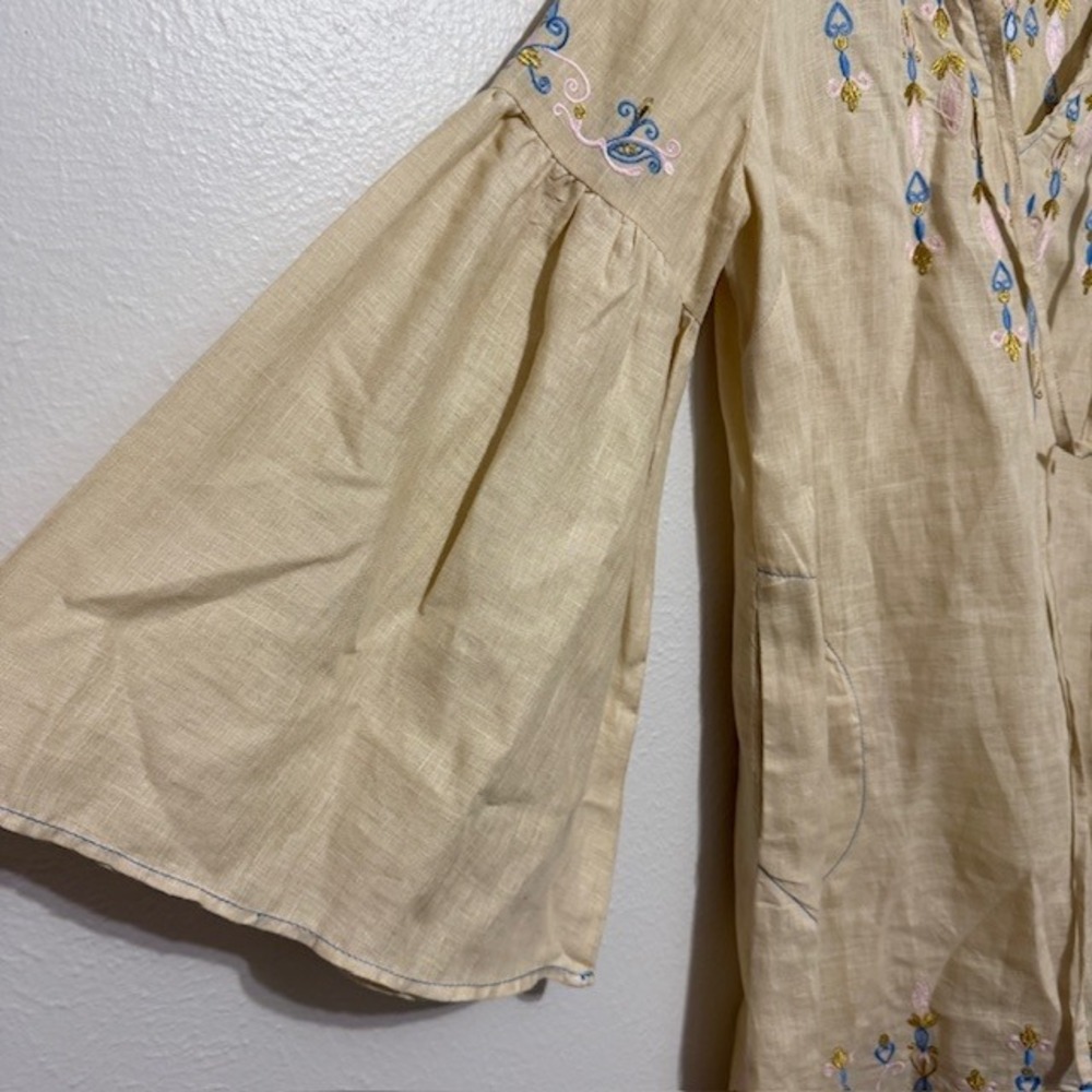 Svitlaya Embroidered Linen Tunic Dress Tan Blue Tassel Bell Sleeve L - Picture 3 of 11